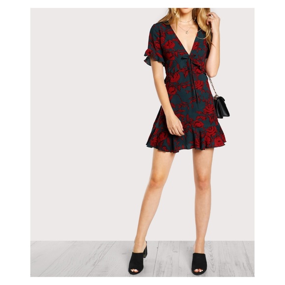 Multicolor Floral V Neck Frill Mini Dress - Picture 5 of 5